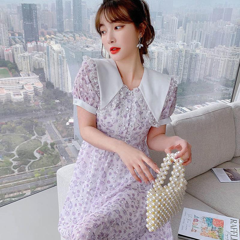 French Small Fresh and Age-reducing Floral Dress Summer Sweet Temperament Waist Waist Chiffon Dress Ladies A-line Skirt Waist Is Thin