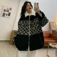 Checkerboard Denim Cotton Jacket Female Autumn and Winter Style Korean Loose Stitching Thickening Plus Velvet Warm Cotton Jacket