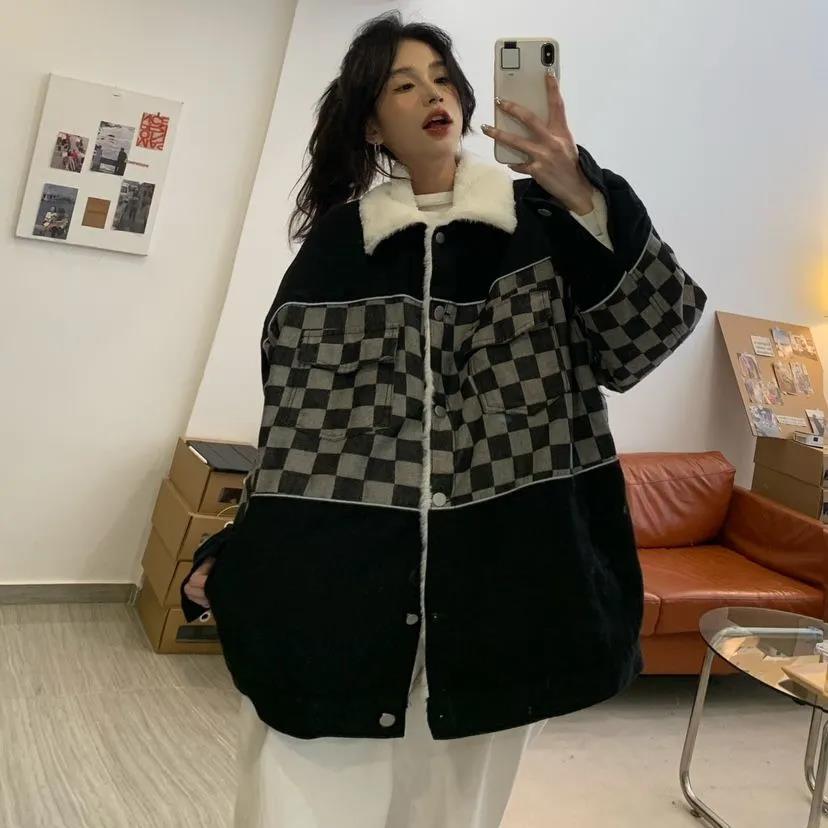 Checkerboard Denim Cotton Jacket Female Autumn and Winter Style Korean Loose Stitching Thickening Plus Velvet Warm Cotton Jacket