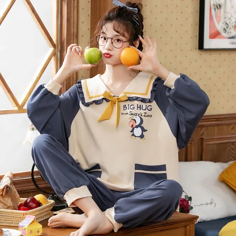 Women's Pajamas Cute Long Sleeve Sleepwear Set Cartoon Pyjamas Suit Cotton Nightwear Loose Casual Homewear Pullover Spring Autumn Pajamas
