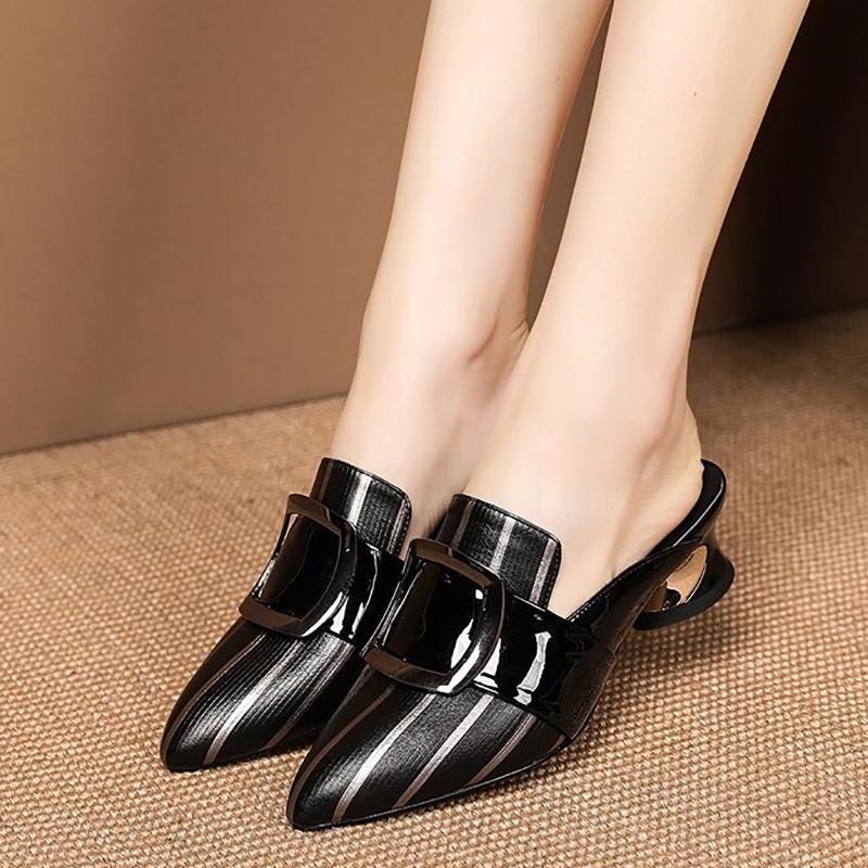 Soft Leather Sandals Women Middle Heel Slippers Pointed  Slippers Thick Heel Sexy Heel Sandals