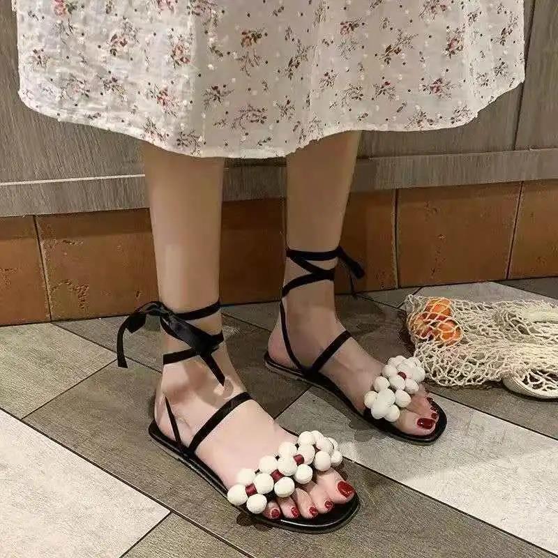 Sandals Female Students Korean Version of Wild Summer Flat Fairy Style Flower Ankle Strap Light Sandals