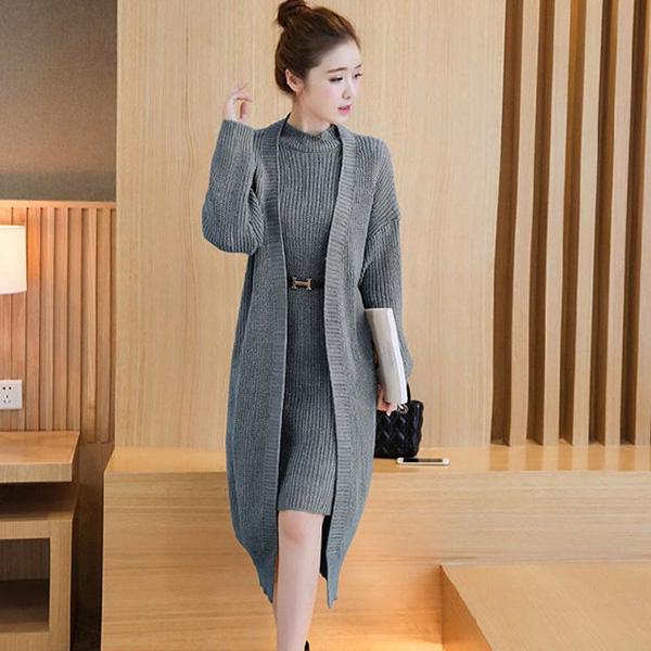 Autumn and Winter Knitted Top Long-sleeved Mid-length Sweater Solid Color Cardigan
