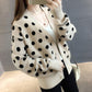 Polka Dot Short Knit Top Loose College Style V-neck Sweater Fashion Casual Jacket Women