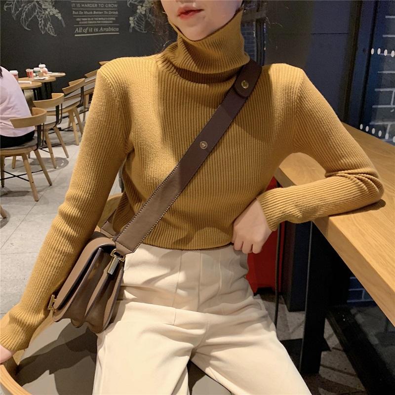 Pofulove Solid Color Pile Neck Sweater Undershirt Women Autumn and Winter Thick Turtleneck Sweater