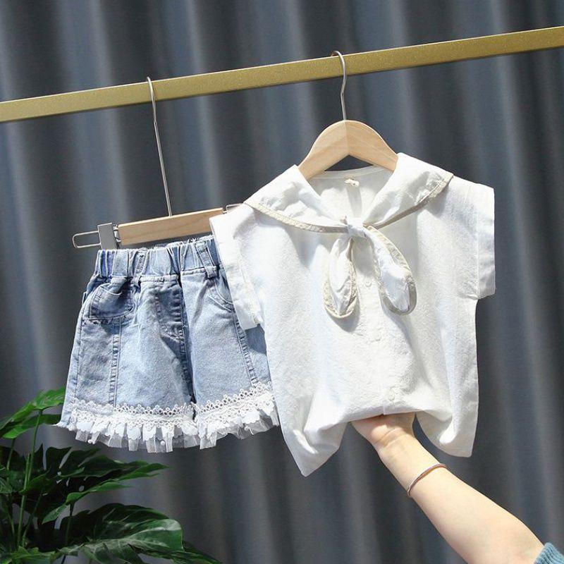 2PCS Children Clothing Set Spring Summer Girls Suits Lace Short Sleeve Tops + Pants Clothing Set