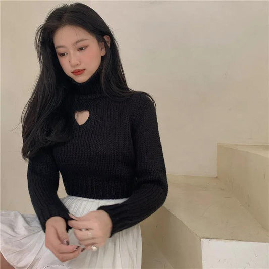 Turtleneck Sweater Women's Autumn Winter Design Sense of Love Hollow Out Slim Slimming Short Knit Sweater Long-sleeved Top
