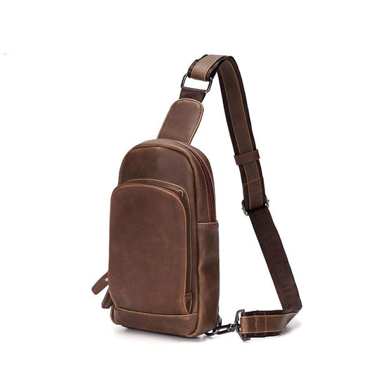 Chest Bag Men Coffee Large Capacity Multi-pocket Soft Leather Shoulder Bag Outdoor Sports Pockets