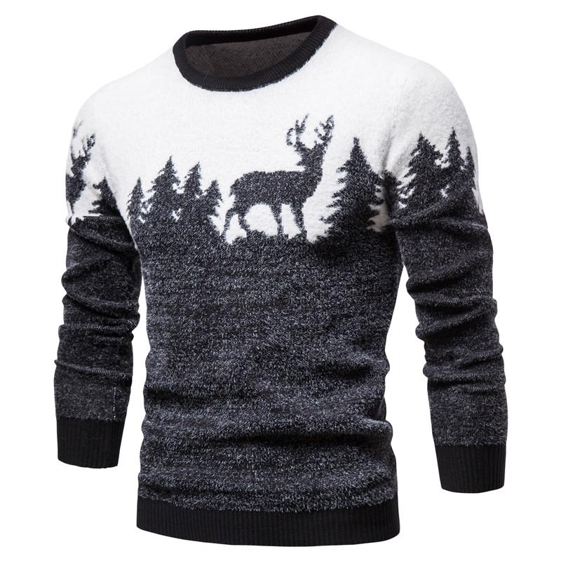 Slim Winter Christmas MensFashion Sweater Christmas Tree Deer Print Sweaters Casual O-neck Male Pullovers Sweaters Pull