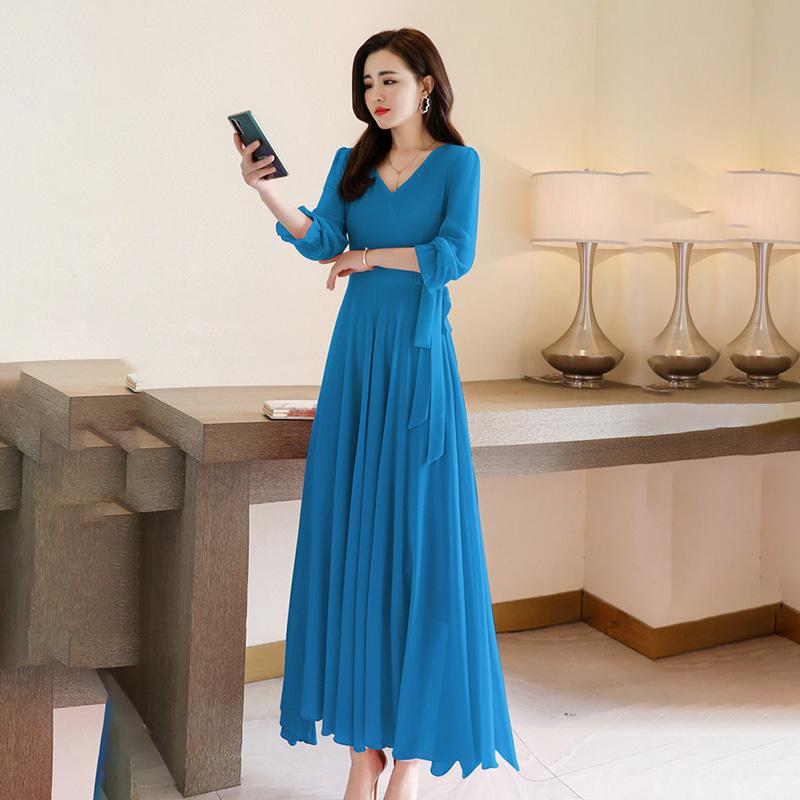 Chiffon Dress Spring and Autumn Chiffon Short-sleeved Dress Female Temperament Slim Slimming Long Skirt Female Plus Size Dance Skirt