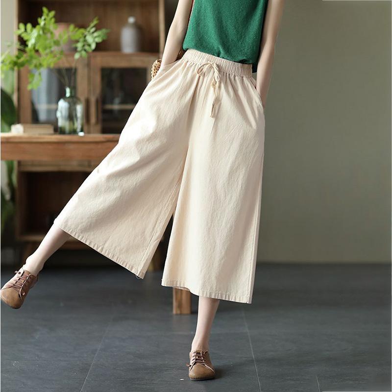 WTEMPO Women's Cotton Wide-leg Pants Cropped Trousers Loose Plus Size High-waisted Summer Straight Trousers Casual
