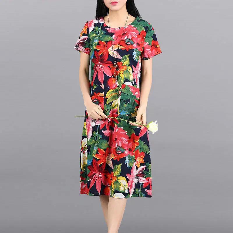 Women's Summer Short-sleeved Mid-length Dress Floral Round Neck Large Size Skirt