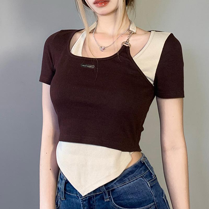 Fashion Trend Color Matching Fake Two-piece T-shirt Street Personality Chain Hanging Neck Hollow Irregular Girl Sexy Top