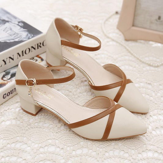 Baotou Sandals Female 2020 Spring and Summer Word Buckle Thick Heel with Wild Matching Color Matching Korean Pointed Single Shoes Women