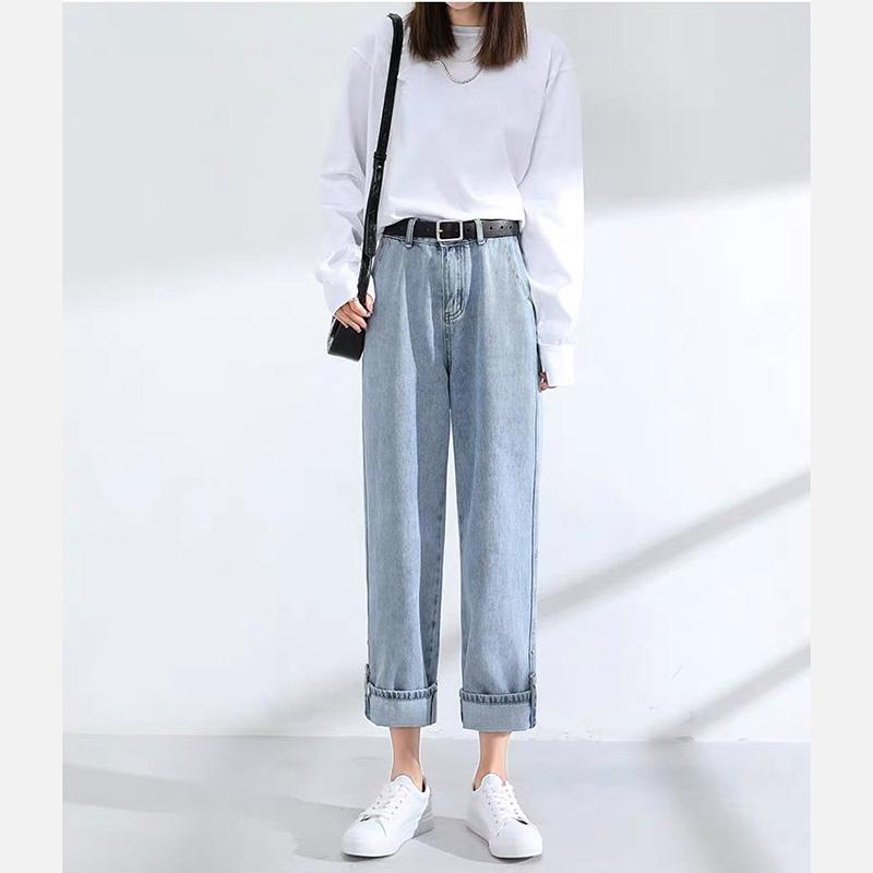 WTEMPO Adjustable trouser length Women's High Washed Denim Waist Wide Leg Pants Straight-leg Pants Super Long Loose Casual