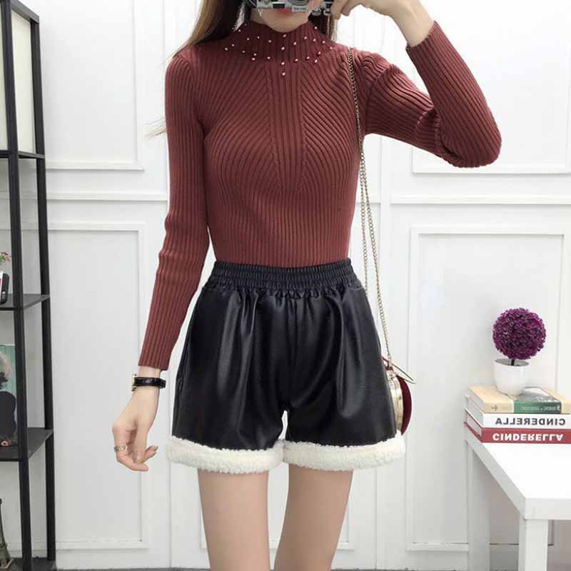 Leather Bottoming Women's Winter Stitching Lamb Wild Burrs Korean Version of PU Leather Pants Tide Thin Shorts Boots Pants