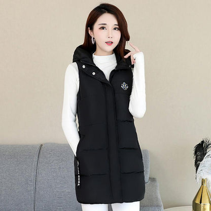 Mid-length Slim Down Cotton Vest Autumn and Winter Fashion All-match Jacket Casual Hooded Women's Vest