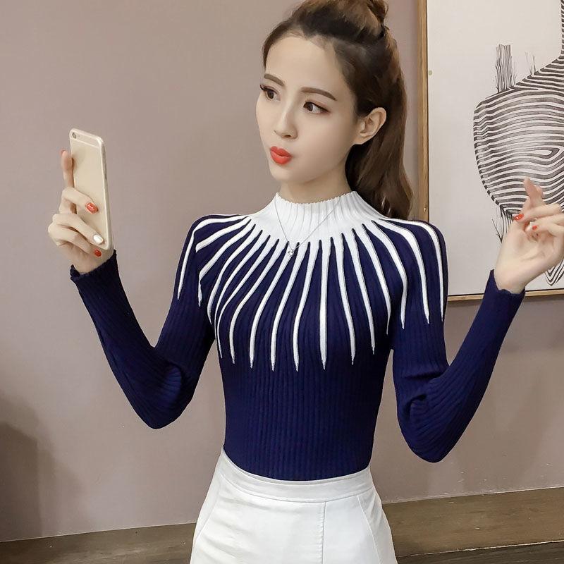 Half-high Neck Bottoming Shirt Women's Fall and Winter Stretch Sweater Women's Thin Pullover Sweater Striped Long-sleeved Top
