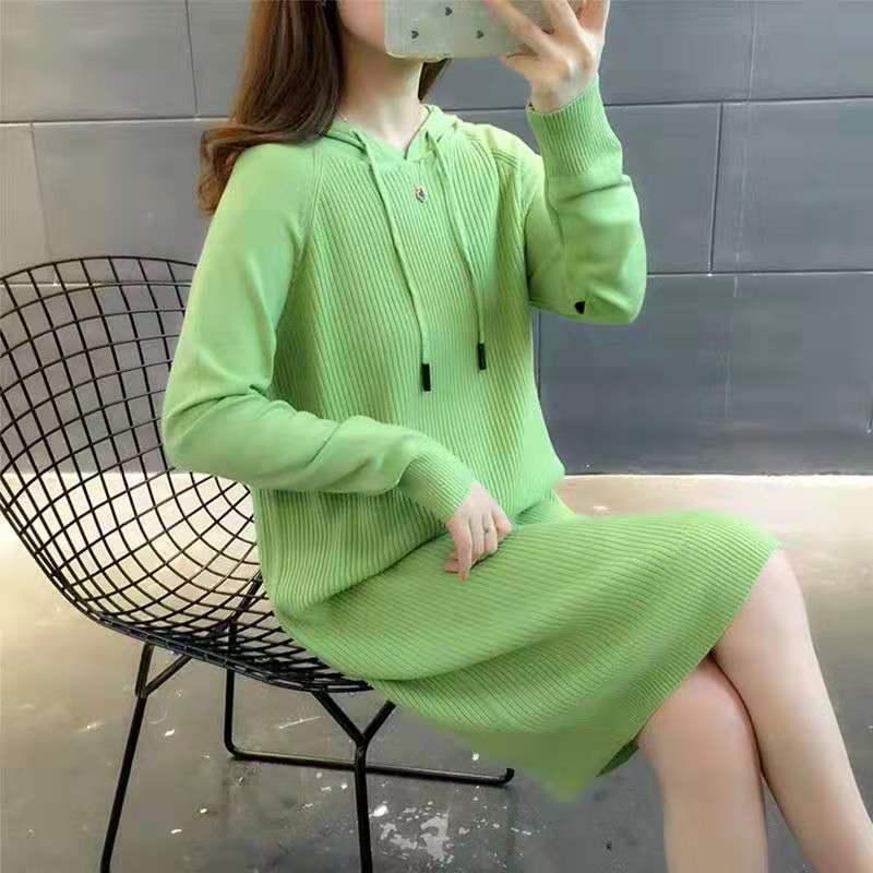 Pofulove Sweater Long Coat Loose Tight Over The Knee Clothing Hooded Sweater Skirt Fashion Elegant