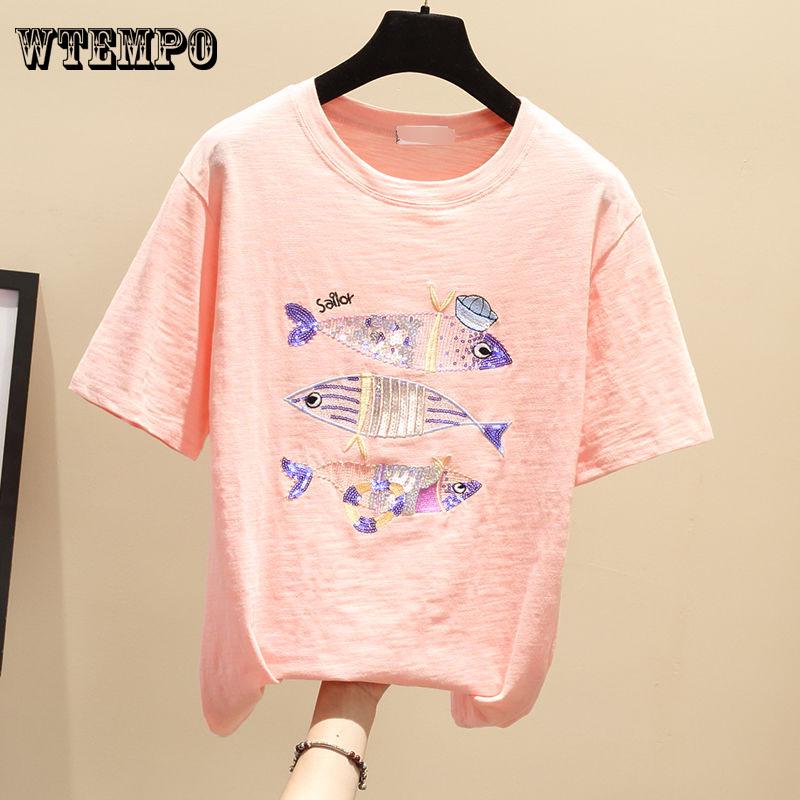 Pattern Embroidered Women T Shirt Short Sleeve Summer Sweet  Loose Tee Shirt Femme  Tops