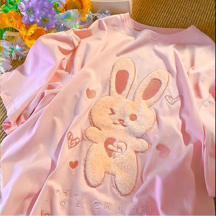 Rabbit Embroidery Cotton Women's Summer Round Collar  Tees Loose Breathable Short Sleeve Harajuku All-match T Shirt Tops