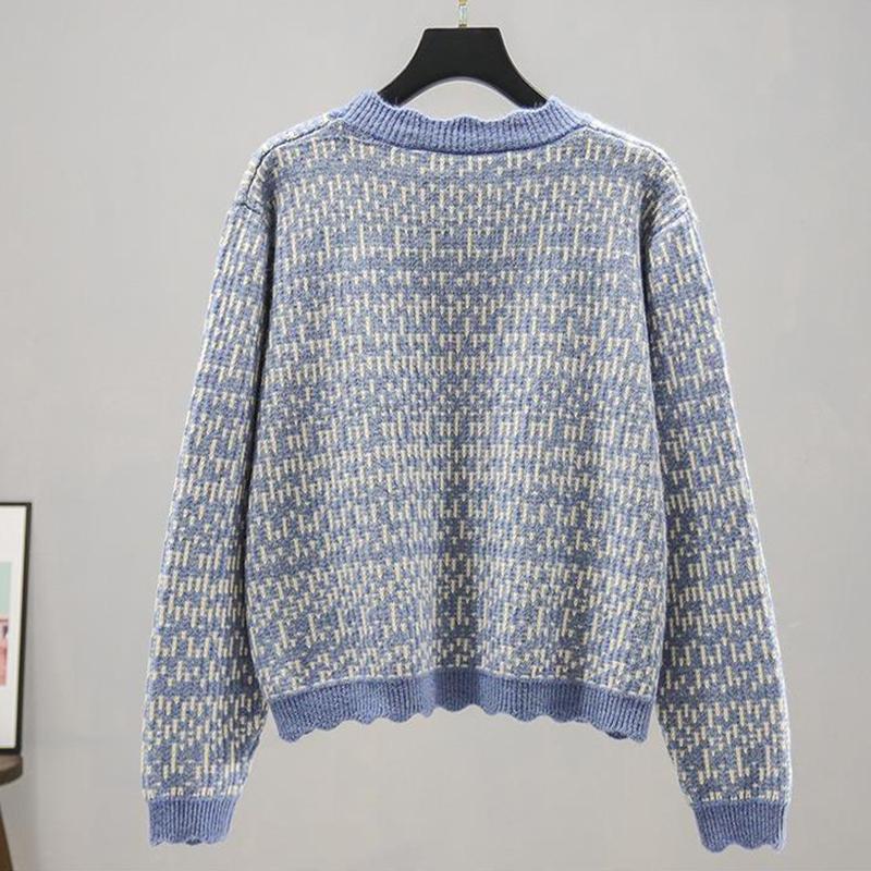 Cardigan Women's Autumn Plaid Long-sleeved V-neck Knit Sweater Coat Korean Style Loose Sweater Women