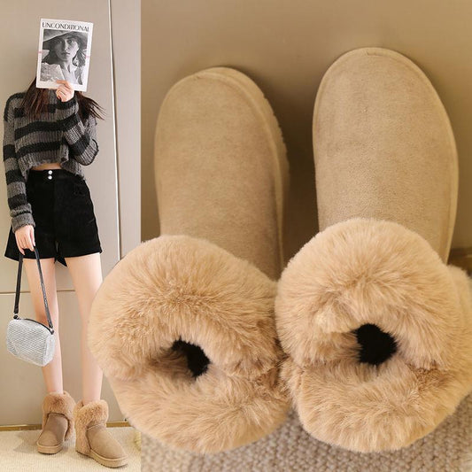 Hairy Ball Snow Boots Women Winter Korean Version of All-match Flat-bottomed Plus Velvet Warm Cotton Shoes Bread Shoes