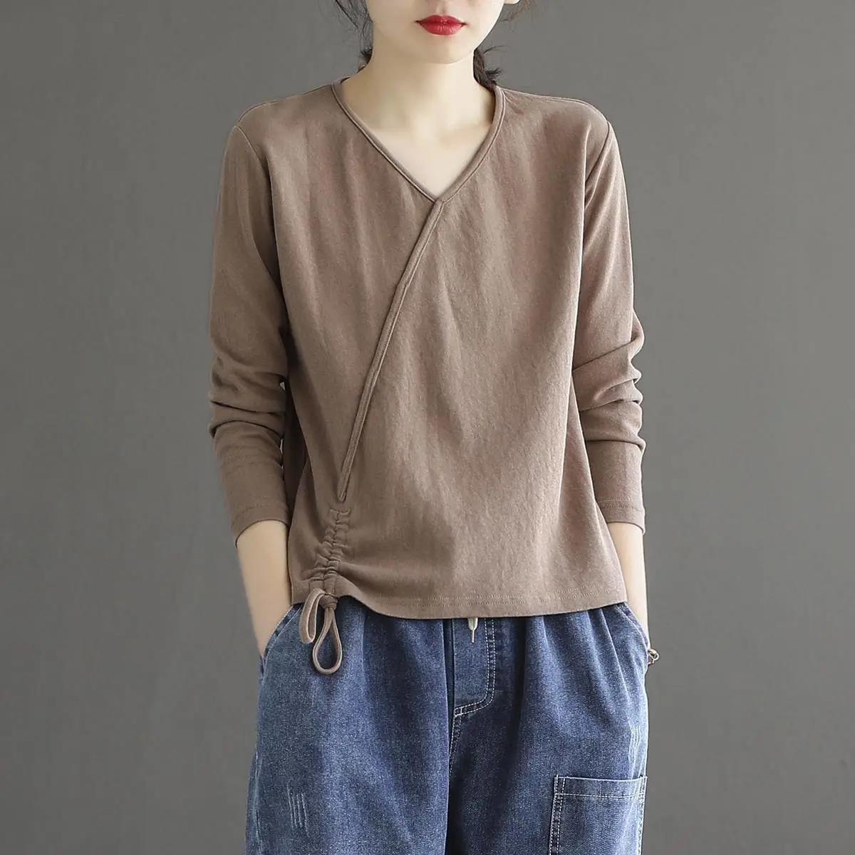 Cotton Solid Color V-Neck T-Shirt Ladies Spring Autumn Hem Drawstring Loose Casual Long Sleeve Retro Top
