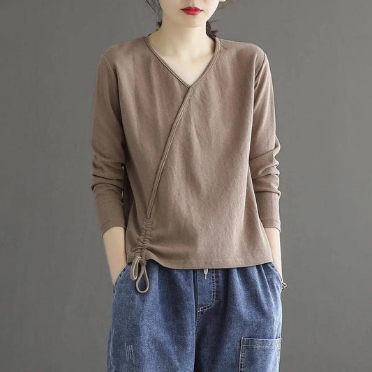 Cotton Solid Color V-Neck T-Shirt Ladies Spring Autumn Hem Drawstring Loose Casual Long Sleeve Retro Top