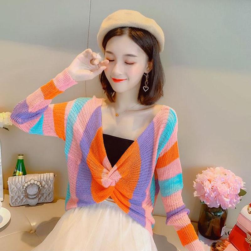 Autumn Winter Sexy Crop Sweater women Deep V-neck Pullover Sweater Long-sleeve Sweater Loose All-match Striped Sweater