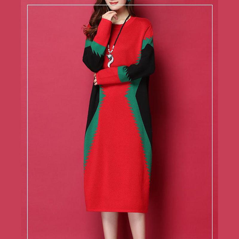 Autumn Winter Long Base Sweater Dress Large Size Loose Sweater Dress Contrast Color Pullover Knitted Dress