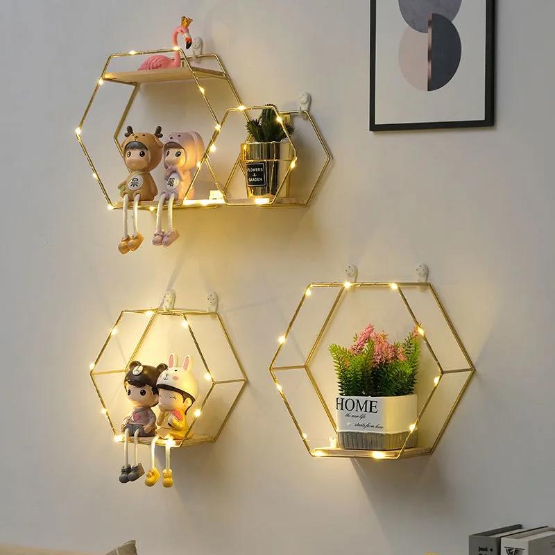 Modeling Metal Display Platform Wall Mounted Decorative Shelf Living Room Art Storage Rack with Light Strip