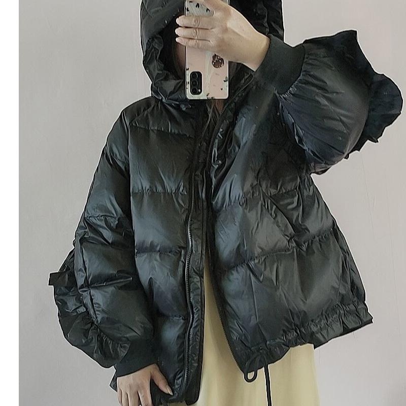 Winter Clothes New Personality Women's Down Jacket Candy Color Hooded Drawstring Ruffled Sleeves Fashionable White Duck Down Loose Coat