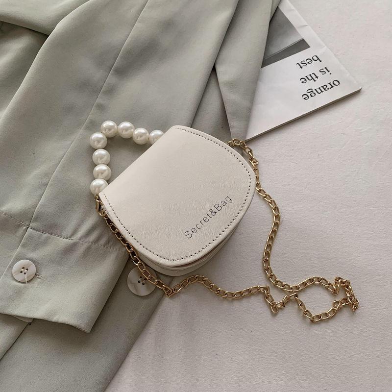 Women Mini Shoulder Messenger Bags Casual Female Crossbody Bags Portable PU Leather Big Pearl Metal Chain