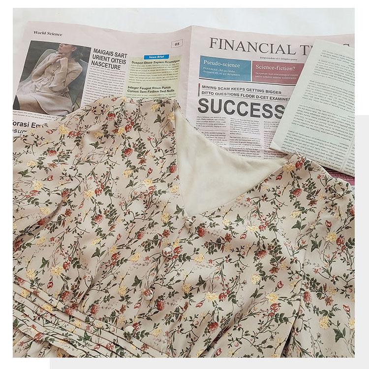 Women's Summer Elegant Chiffon Waist Shows Thin Temperament Korean V-neck Floral Skirt