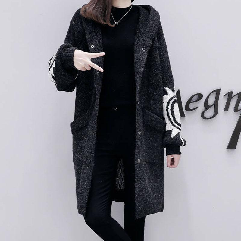 Autumn and Winter Plus Size Loose Sweater Mid-length Knitted Cardigan Jacket Jacquard Pattern Female Jacket