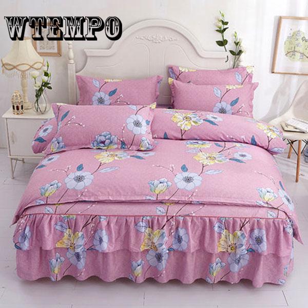 Bed Skirt Queen Size Single-Layer Skin-Friendly Cotton Bedspread 4PCs Set Includ