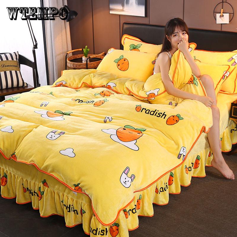 Flannel Bedding Set Winter Warm Fleece Embroidery Duvet Cover Set Bed Sheet Queen King Size
