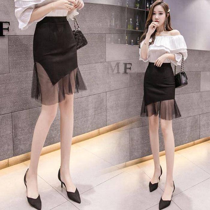Pofulove S-3XL Women Large Size Black Mesh Skirt High Waist Thin Sexy Bag Hip Skirt A-line Skirts