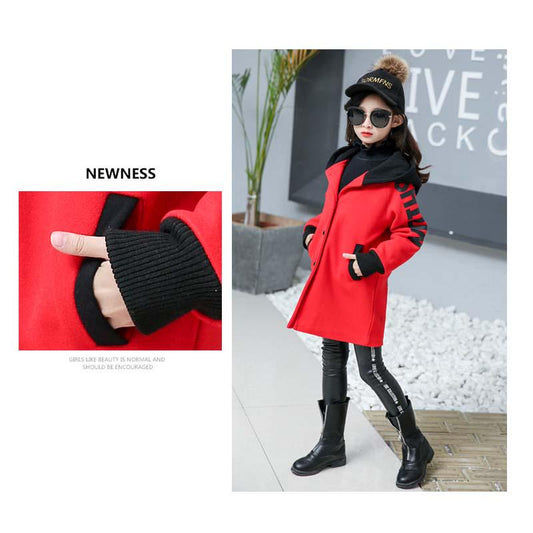 Girls' Jackets Winter Parka Children's Woolen Windbreaker Mid-length Color-blocking Thickened Hooded Cotton Jacket