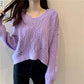 Women's Purple Twist Sweater V-neck Long Sleeve Top Fall and Winter Outer Wear Short Primer Stitch Hole Loose Loose Pullover Lazy Knit Sweater Top