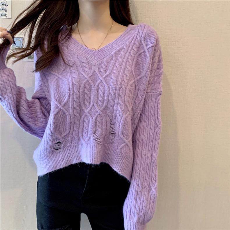 Women's Purple Twist Sweater V-neck Long Sleeve Top Fall and Winter Outer Wear Short Primer Stitch Hole Loose Loose Pullover Lazy Knit Sweater Top