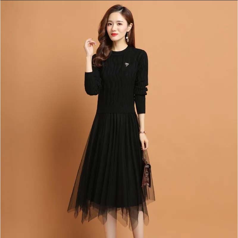 2021 New Female Autumn and Winter Mid-length Fake Two-piece Dress All-match Knitted Bottoming Shirt Inner Dress
