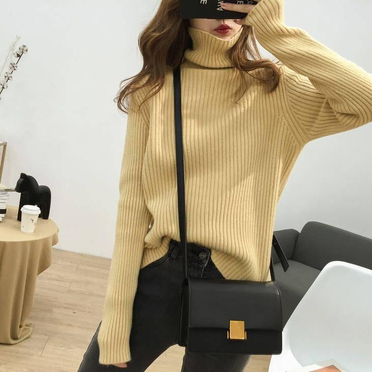 Winter Lazy High Collar Thick Vertical Stripes Loose Thin Sweater Women Bottoming Shirt