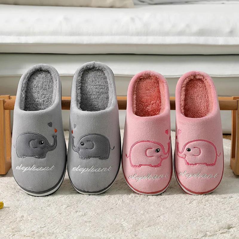 Women Winter Slippers Cute Elephant Embroidery Plus Size Cotton Shoes Men Home Indoor Casual Slippers Blue Pink Slippers Thick Fleece Warm Non Slip