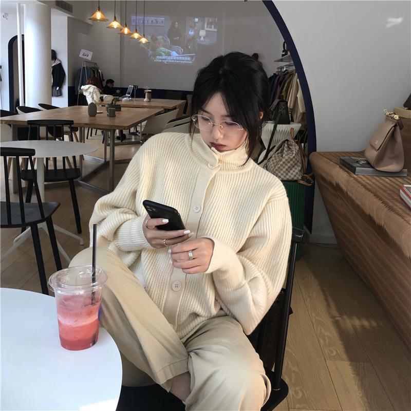 Spring  Autumn Design Sense Lapel Solid Color Vertical Pattern Sweater Cardigan Girl Student Casual Fashion All-match Knitted Cardigan