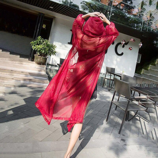 Hooded Chiffon Cardigan Women's Sun Protection Clothing Sun-Dress Plus Size Shawl Loose Outer Thin Coat Beach