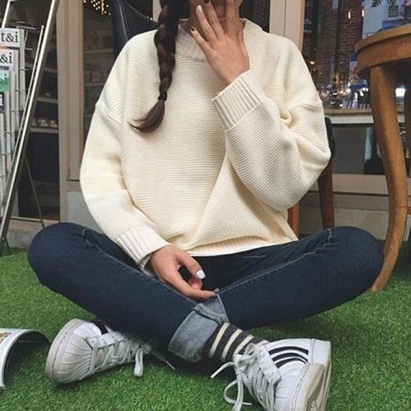 Autumn and Winter College Style Coat Solid Color Loose Top Knitted Long-sleeved Female Student Bottoming Shirt