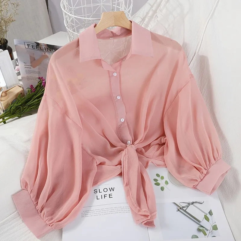 Summer Shirt Half Sleeve Buttoned Up Loose Casual Blouse Chiffon Shirts Women Tied Waist Elegant Blouses for Women