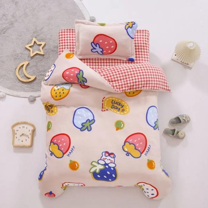 Children's Bed Three-piece Pillowcase Quilt Cover Sheet Milk Velvet Warm Bed Set Cartoon Animals